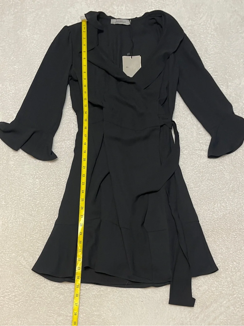 Marella Black Lightweight Ruffle Faux Wrap 3/4 Sleeve Mini Cocktail Dress Size 4